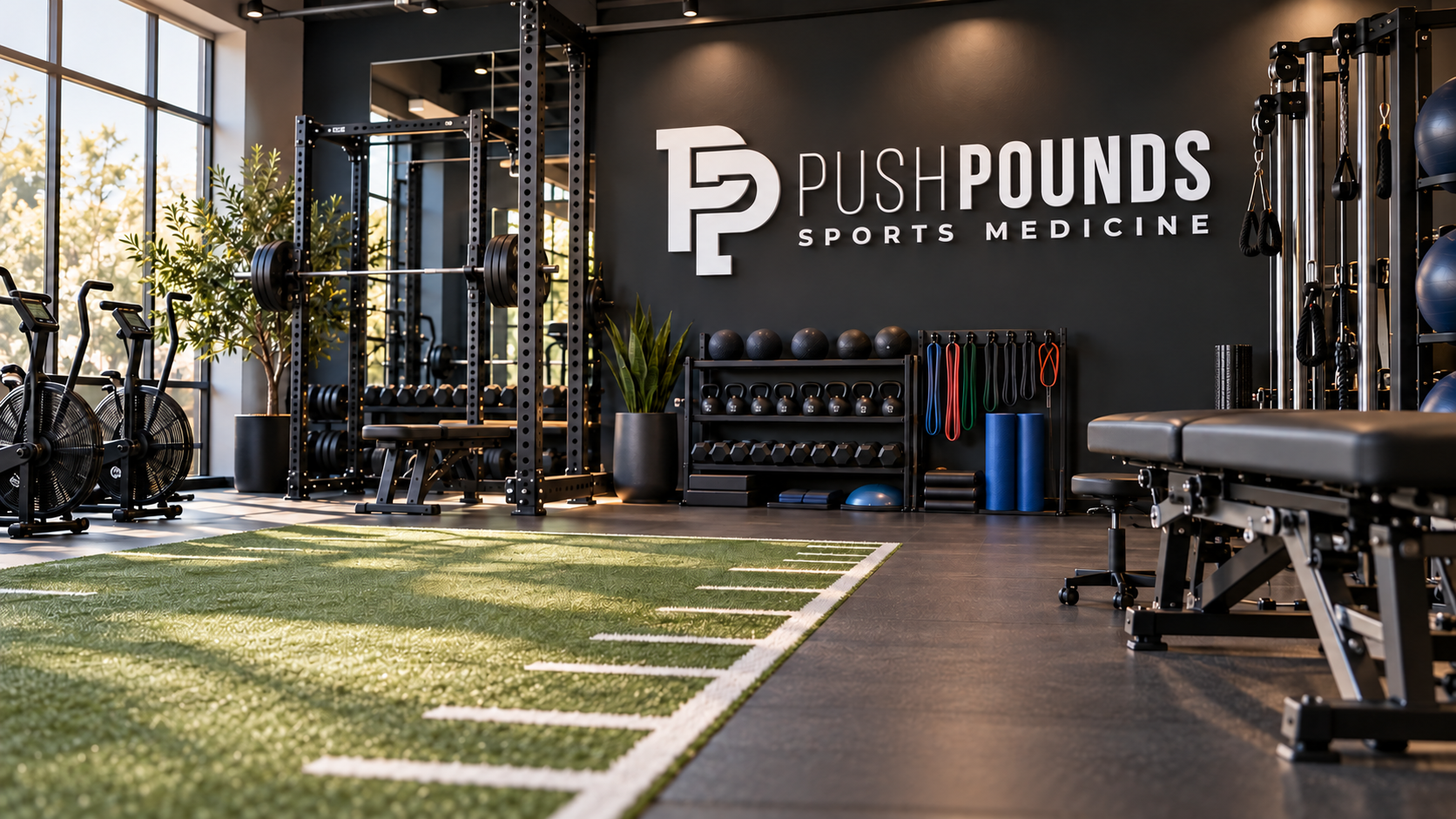AI concept of a modern sports medicine gym with a Push Pounds Sports Medicine sign